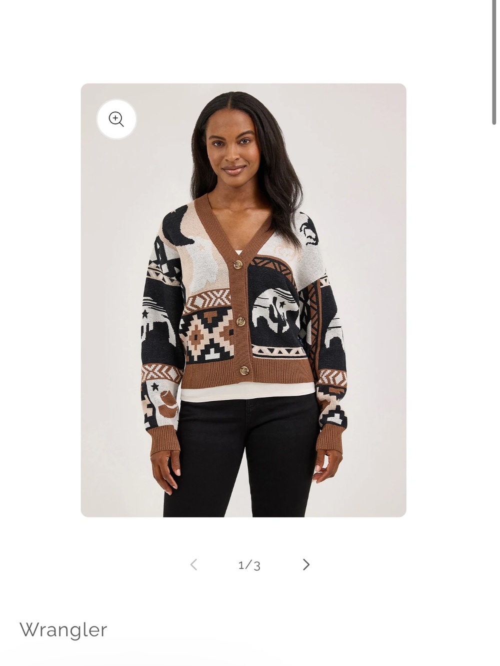 Wrangler Neutral Geo Western V‑Neck Cardigan in Brown, Black & Cream